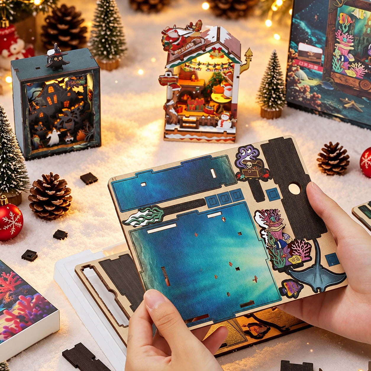 Christmas House puzzle beside diy wooden puzzle pieces